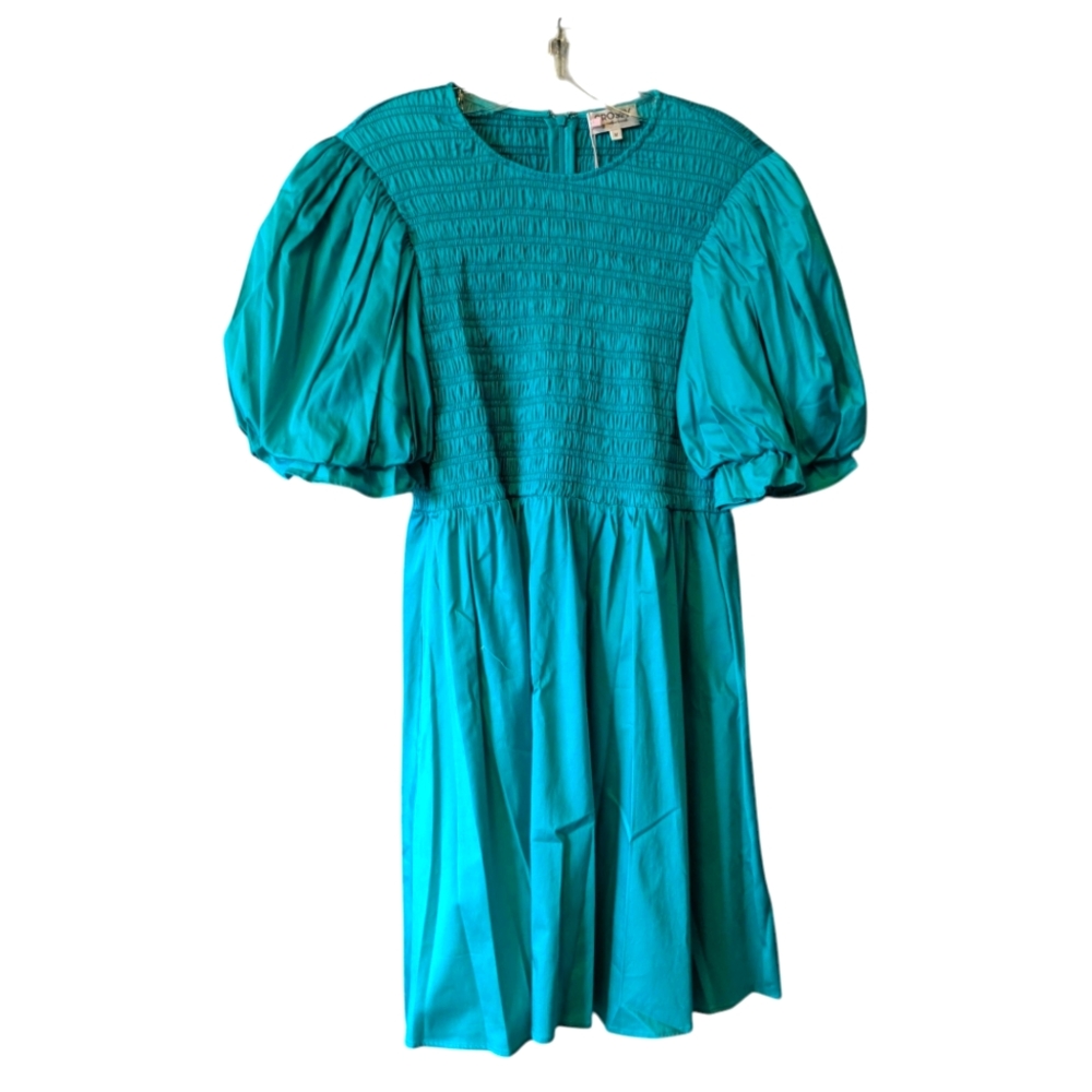 CROSBY by Mollie Burch Teal Smocked Mini Lizzy Dress Puff Sleeves Sz. M